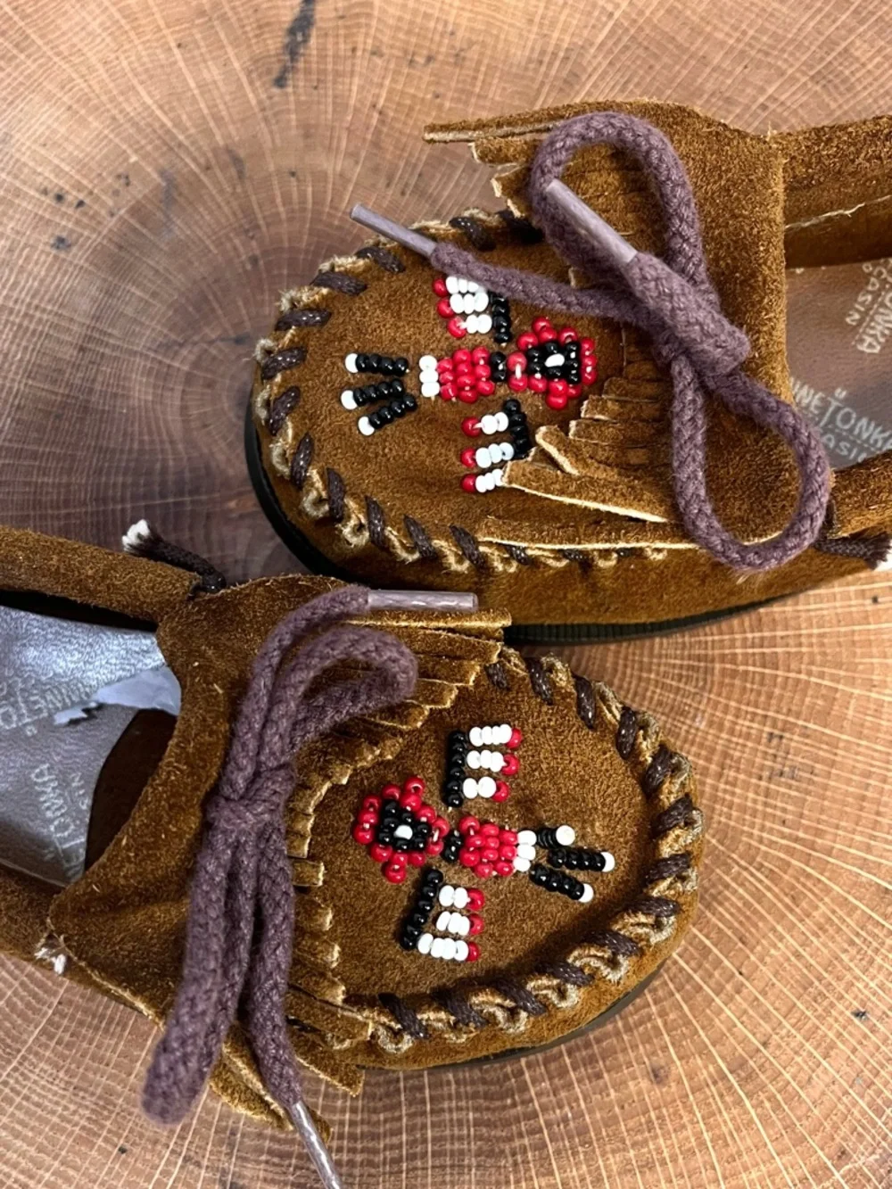 Minnetonka Thunderbird II Beaded Suede Moccasins Brown Size 13